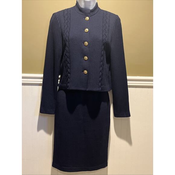 Vtg St John 2pc Skirt Suit Navy Braided Knit, Gold Button Front Jacket Size 0/2 - Picture 1 of 16